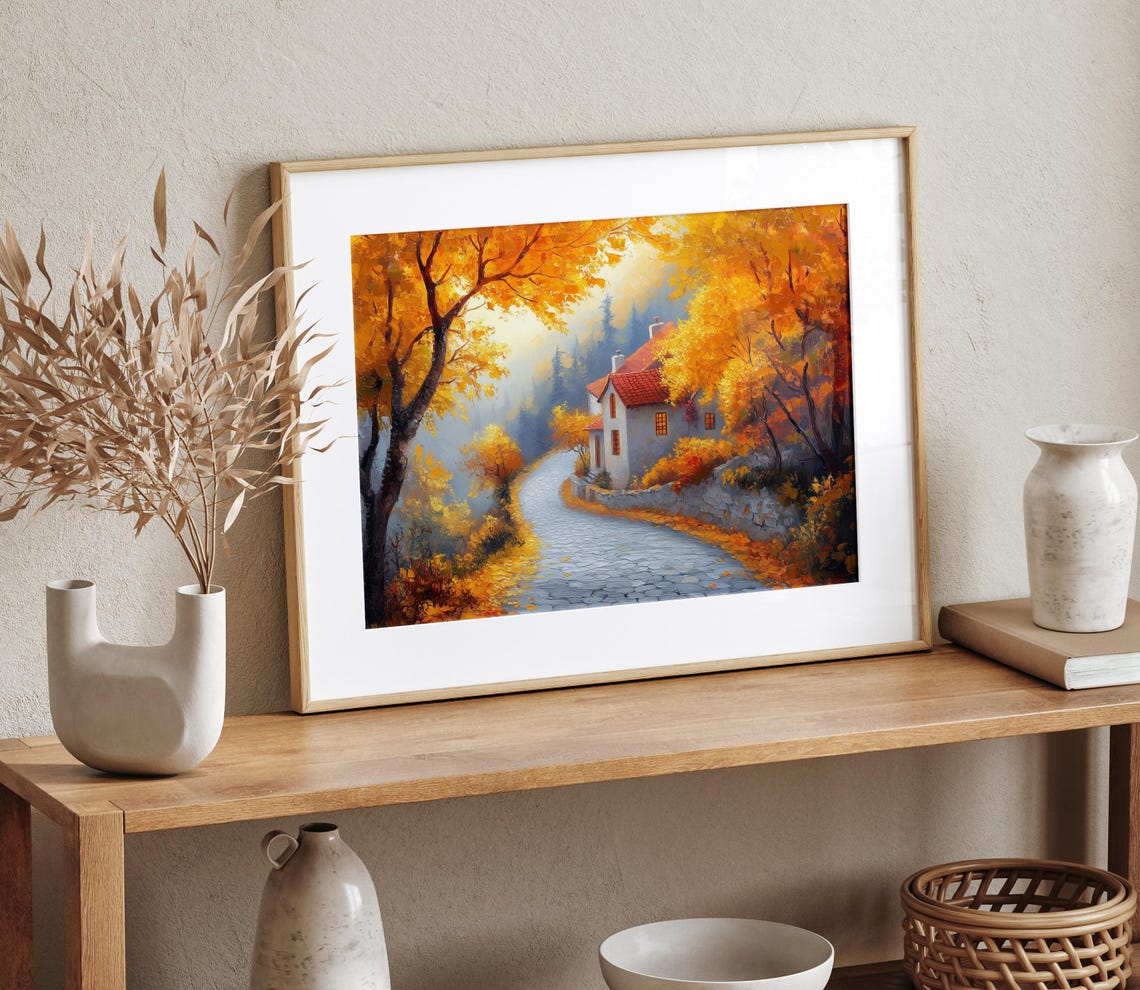 Cobblestone Village Road Curving To Golden Hills House Autumn Poster - Image 4