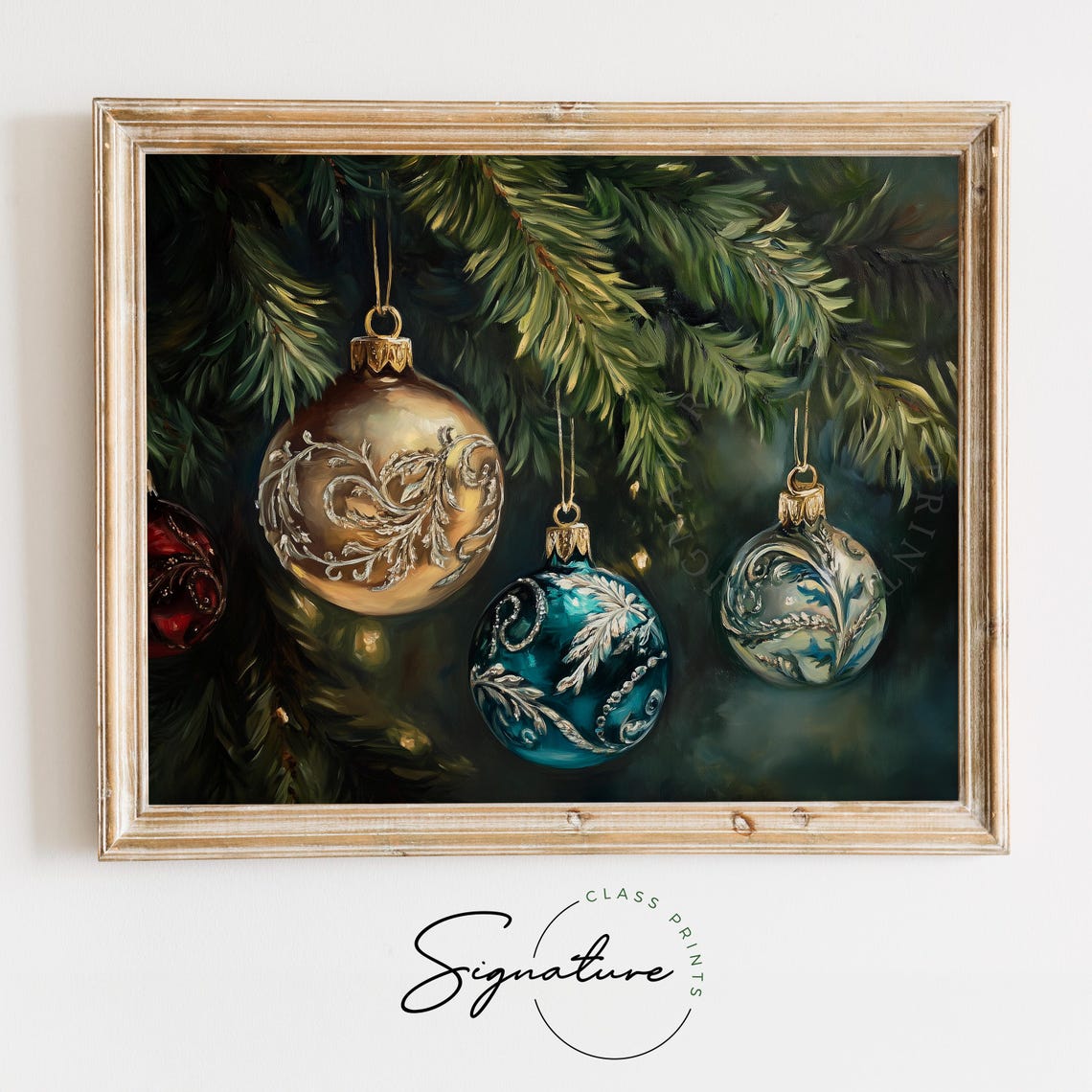 Hand Painted Vintage Glass Ornaments On A Pine Branch Poster