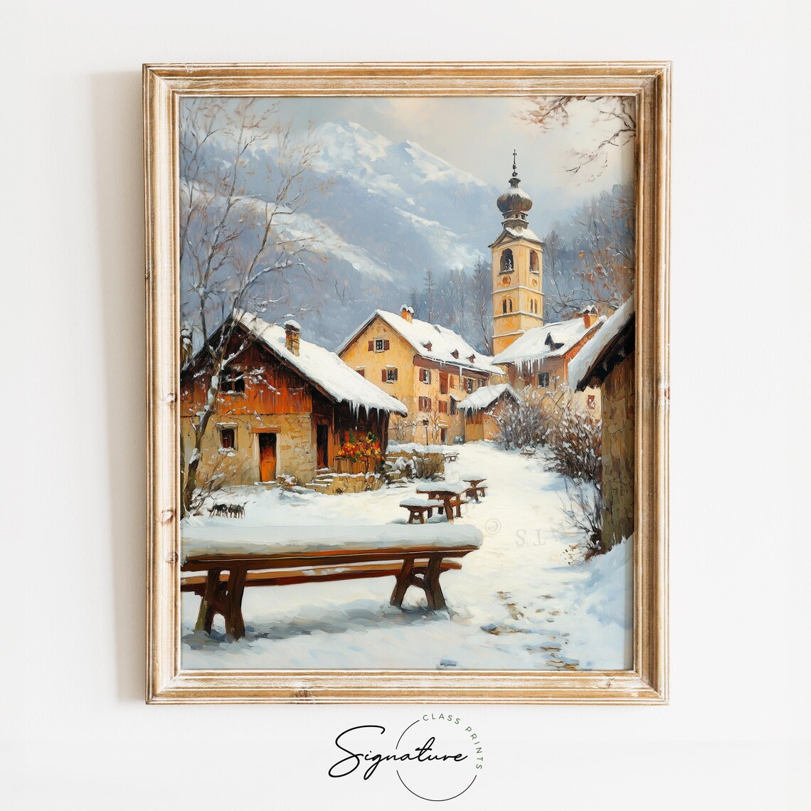Snowy Alpine Village With Church Bell Tower And Benches Winter Poster