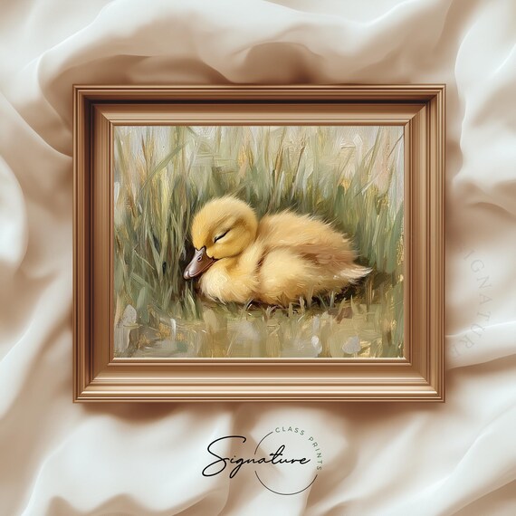 Sleeping Baby Duckling Curled in Grass Soft Spring Wildlife Art Poster