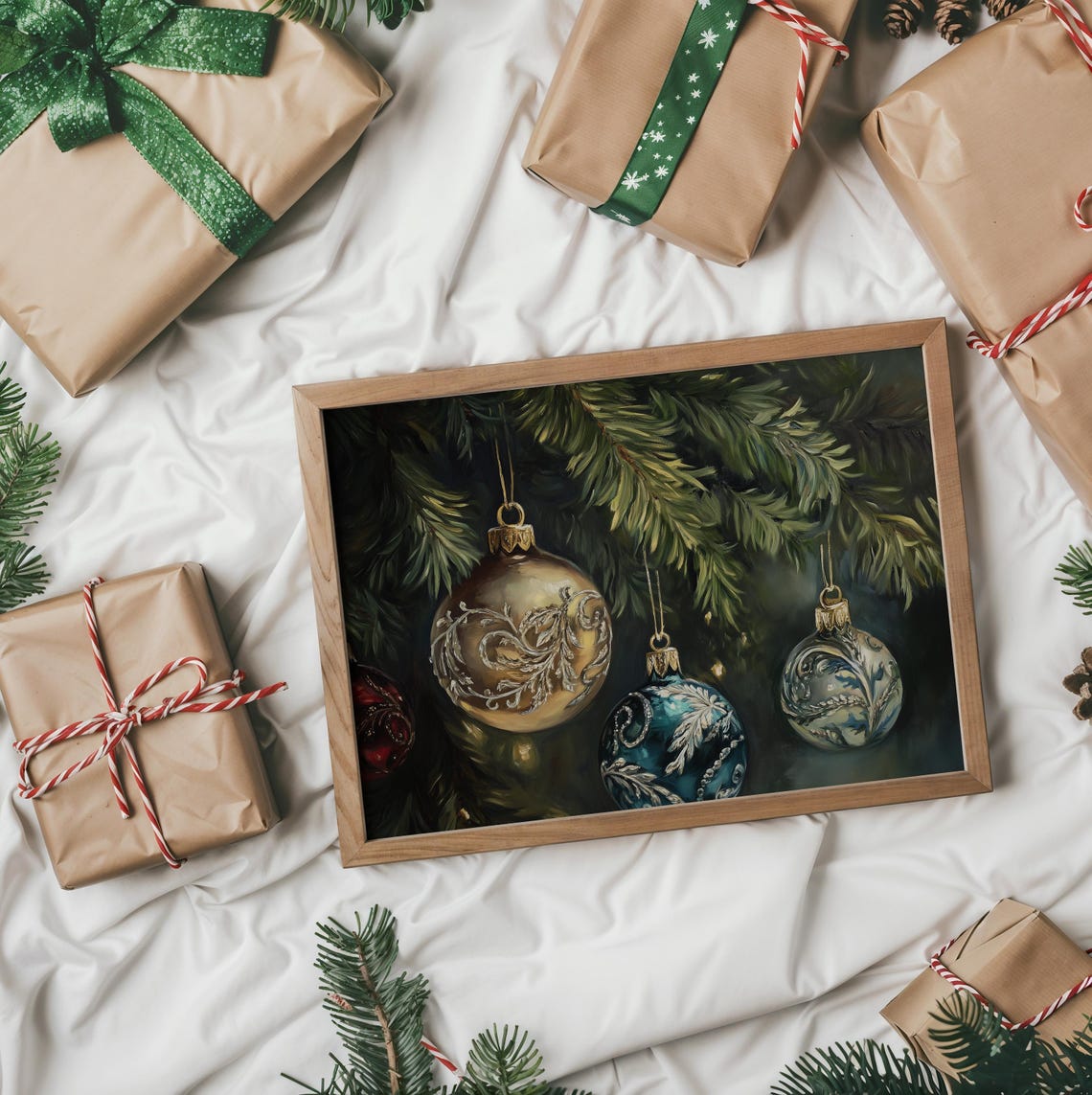 Hand Painted Vintage Glass Ornaments On A Pine Branch Poster - Image 2