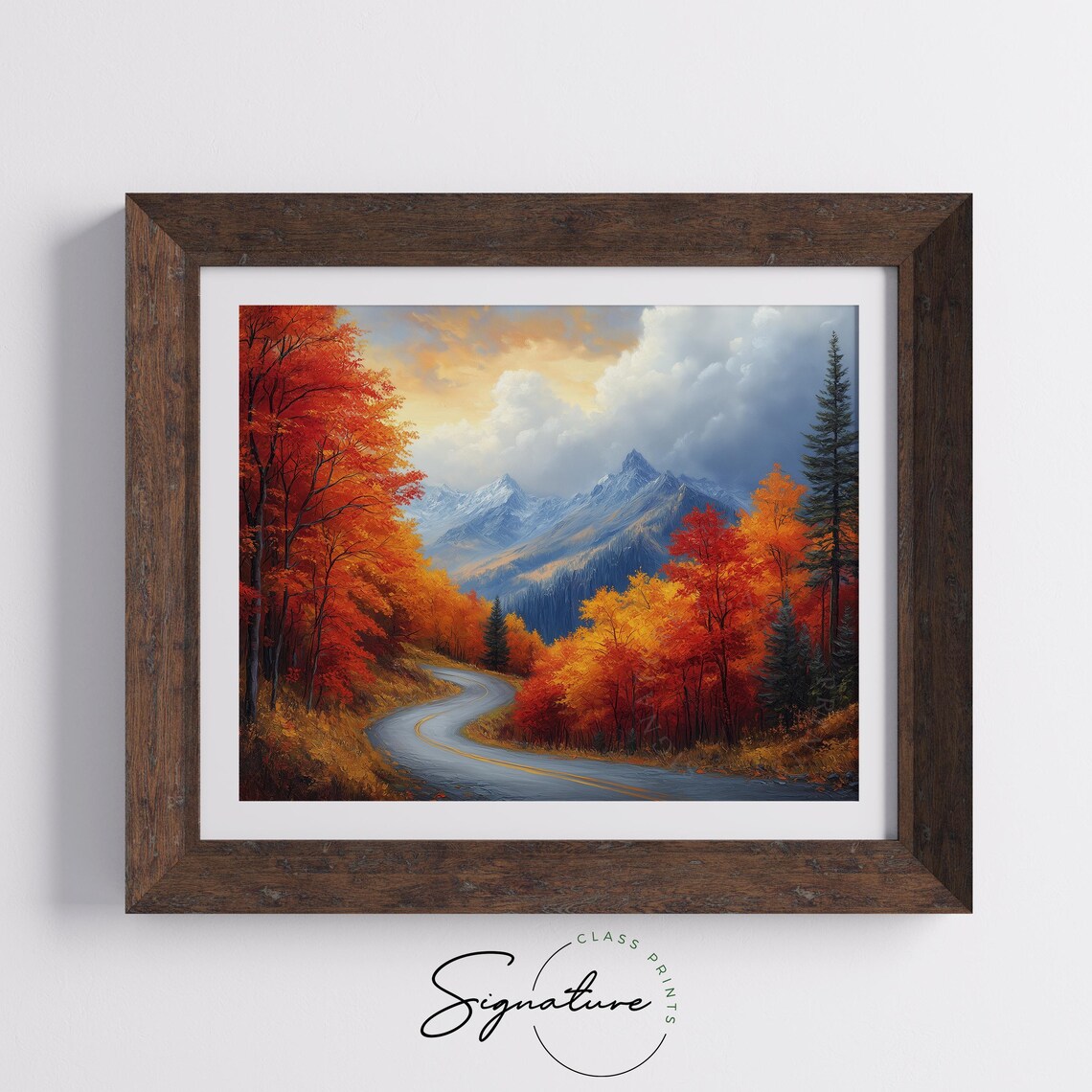 Winding Road Snowy Peaks Blazing Autumn Trees Oil Painting Poster - Image 5