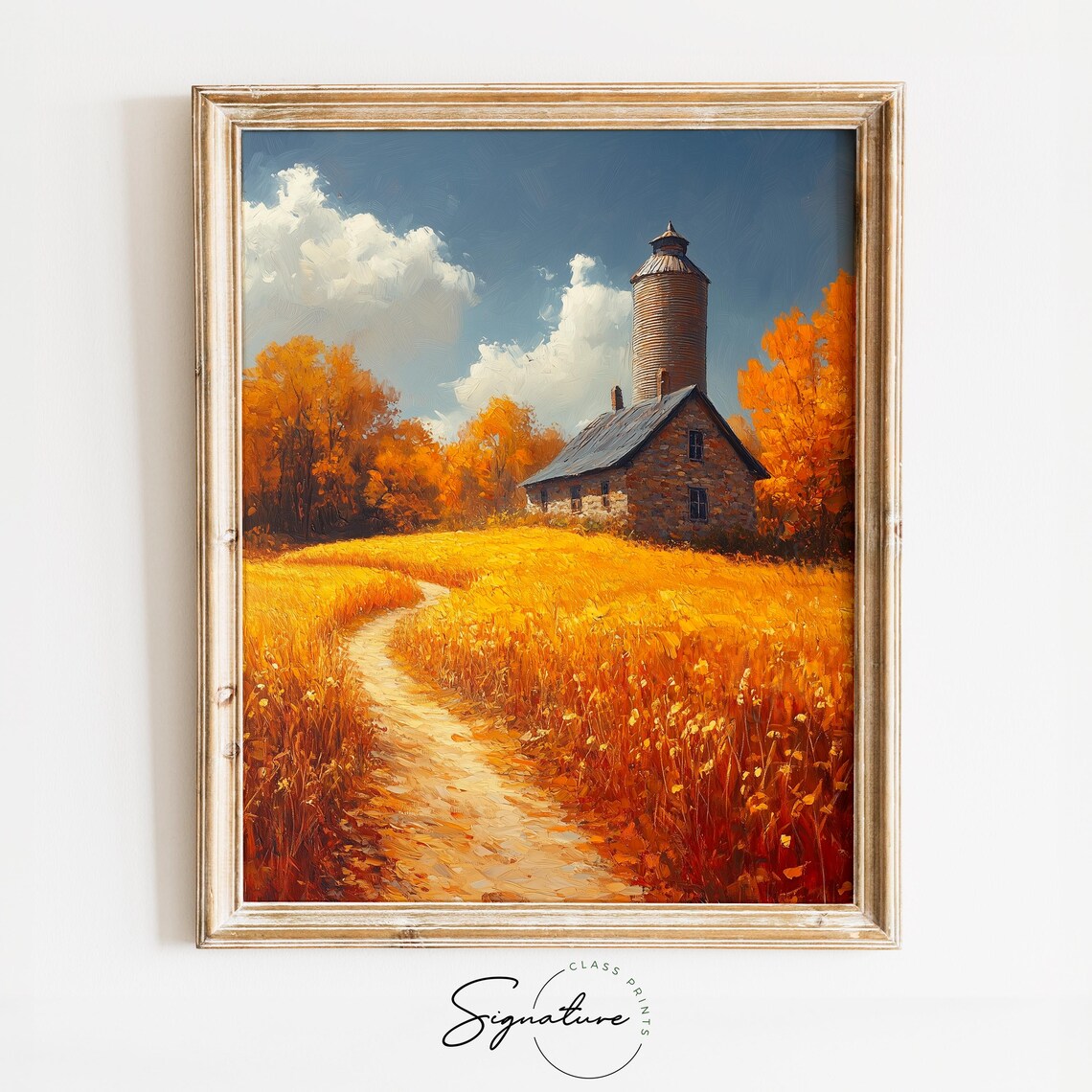 Stone Farmhouse With Tall Silo in Ripe Wheat Field Autumn Landscape Wall Art
