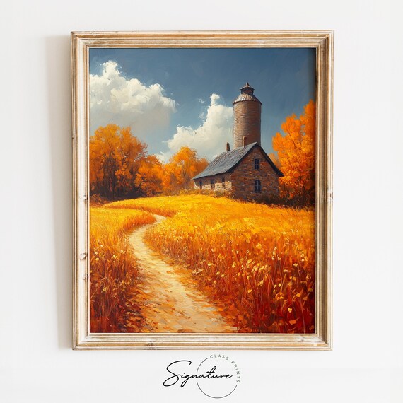 Stone Farmhouse With Tall Silo in Ripe Wheat Field Autumn Landscape Wall Art