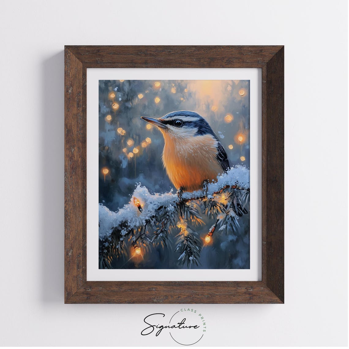 Nuthatch On Snowy Branch With Christmas Lights Festive Bird Poster - Image 2