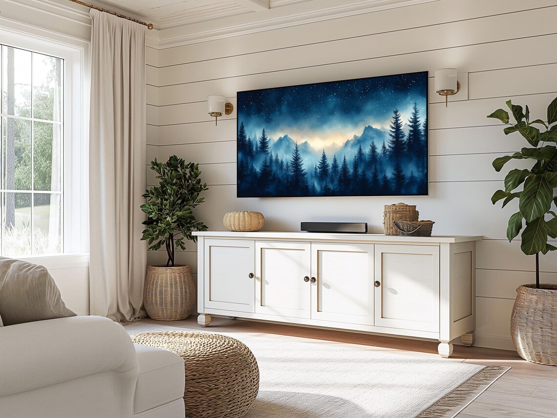 Dense Snowy Forest Starry Night Sky Mountains Moonlit Mist Winter Poster - Image 3