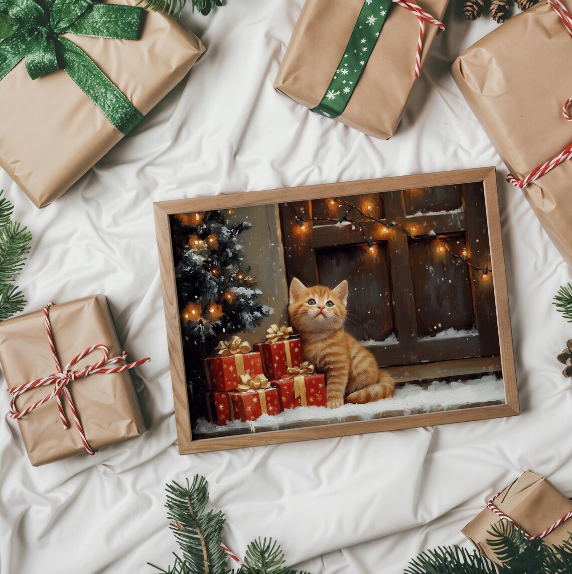 Ginger Kitten with Red Christmas Gifts on Snowy Windowsill Poster - Image 2