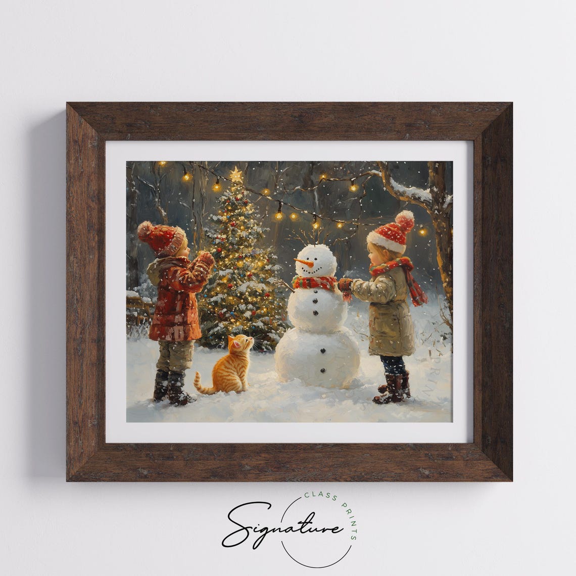 Children and Kitten With a Snowman by a Glowing Christmas Tree Poster - Image 5