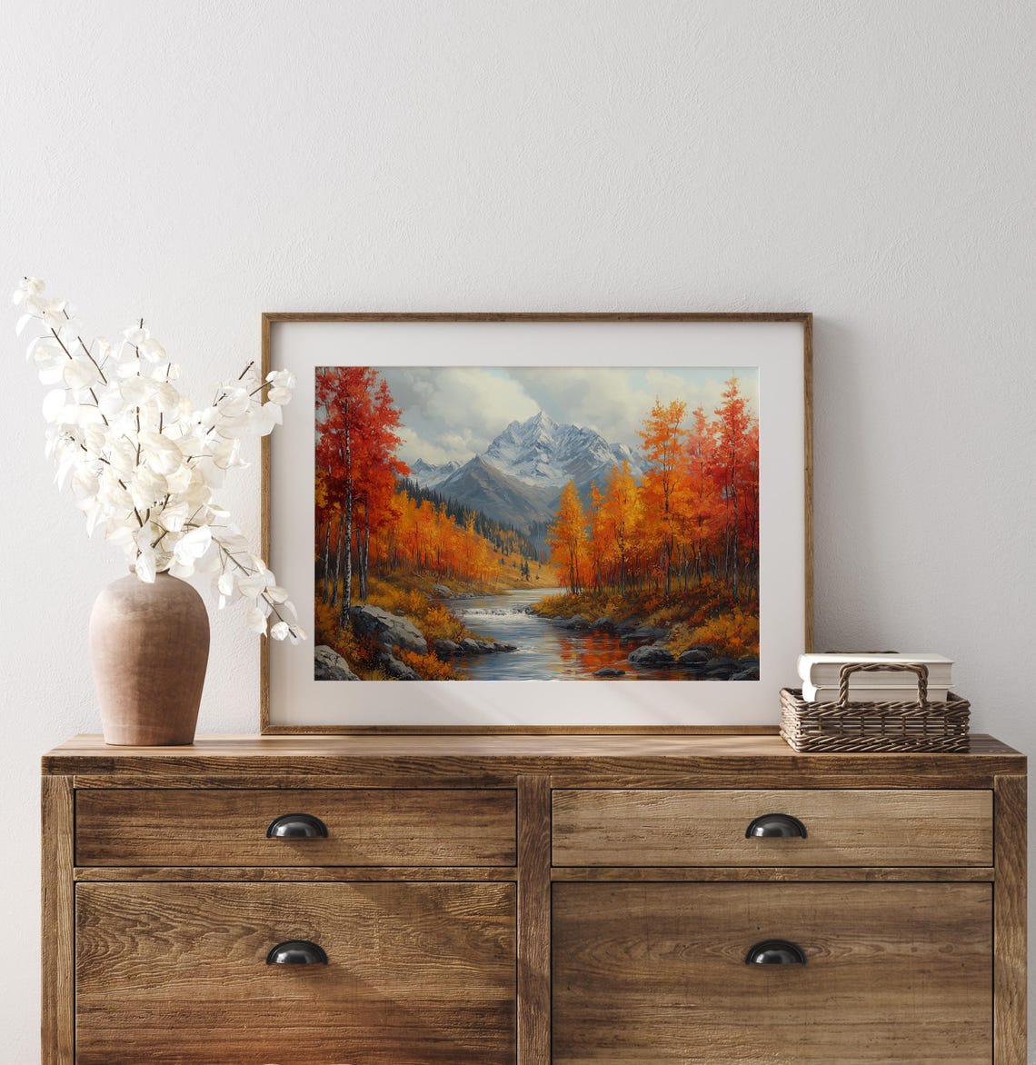 Mountain River Flowing Past Red Aspens Toward Snowy Peaks Wall Art - Image 3