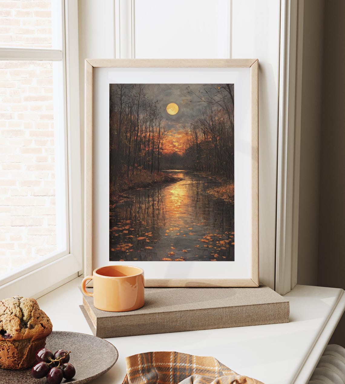 Winding River With Full Moon Print Moody Autumn Nightscape Fall Reflection Wall Art Rustic Cottagecore Decor 1393 - Image 6