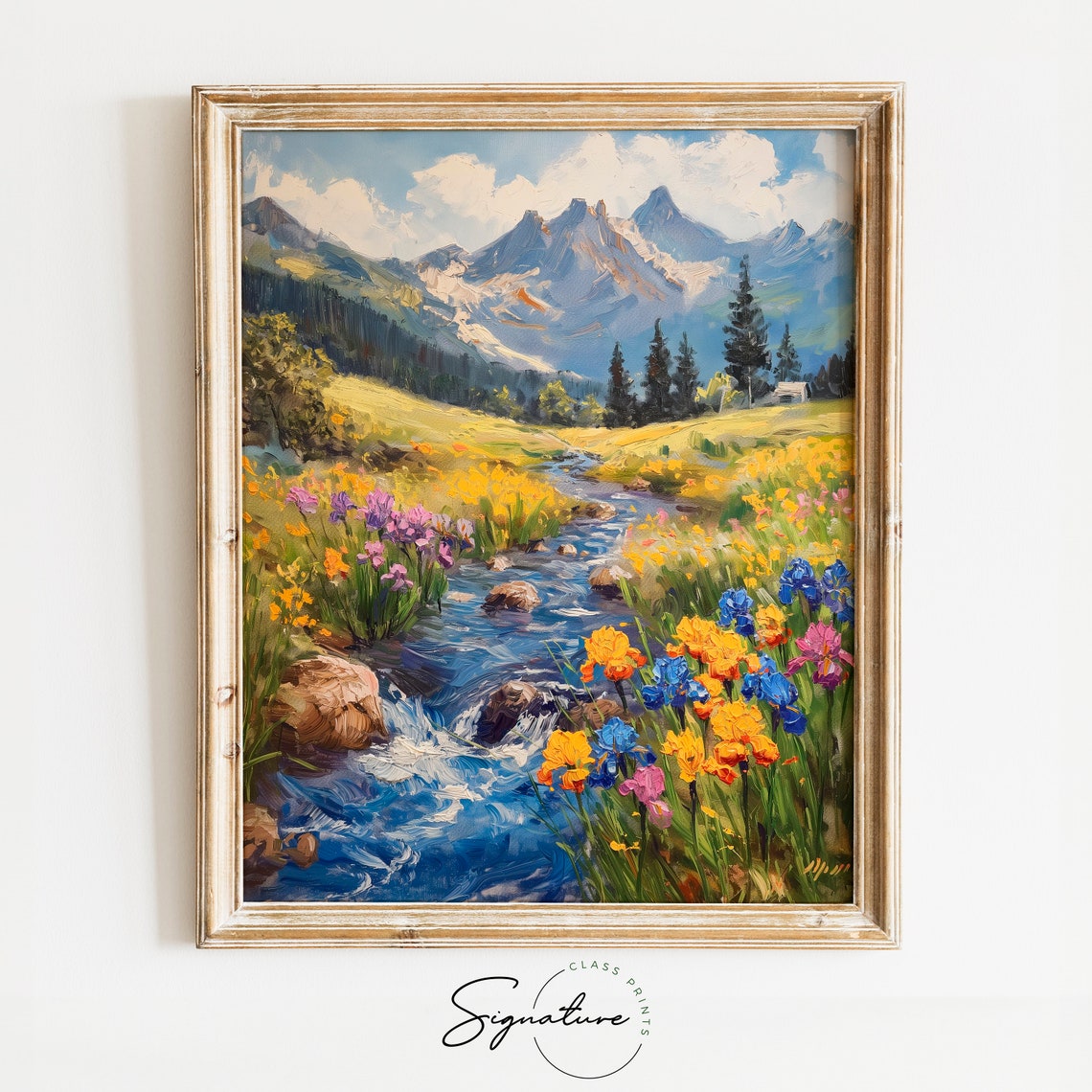 Iris Flowers Alongside Mountain Stream Colorful Wildflower Poster