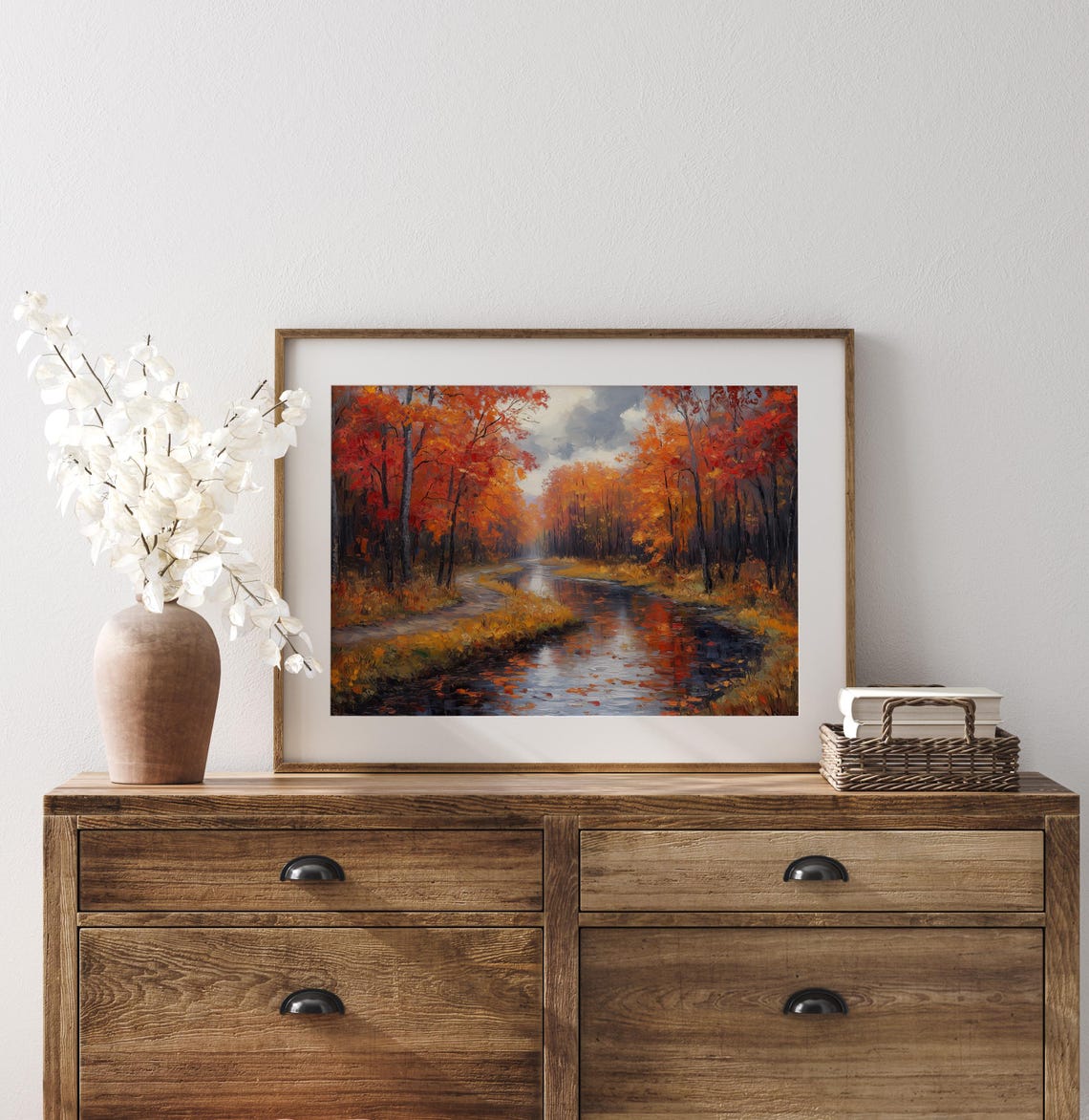 Red Autumn Forest Stream Mirror Reflection Landscape Painting Print - Image 3