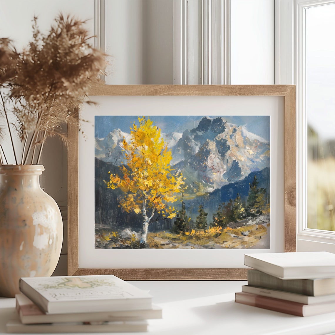Golden Aspen Tree Before Snowcapped Mountains Autumn Valley Poster - Image 2