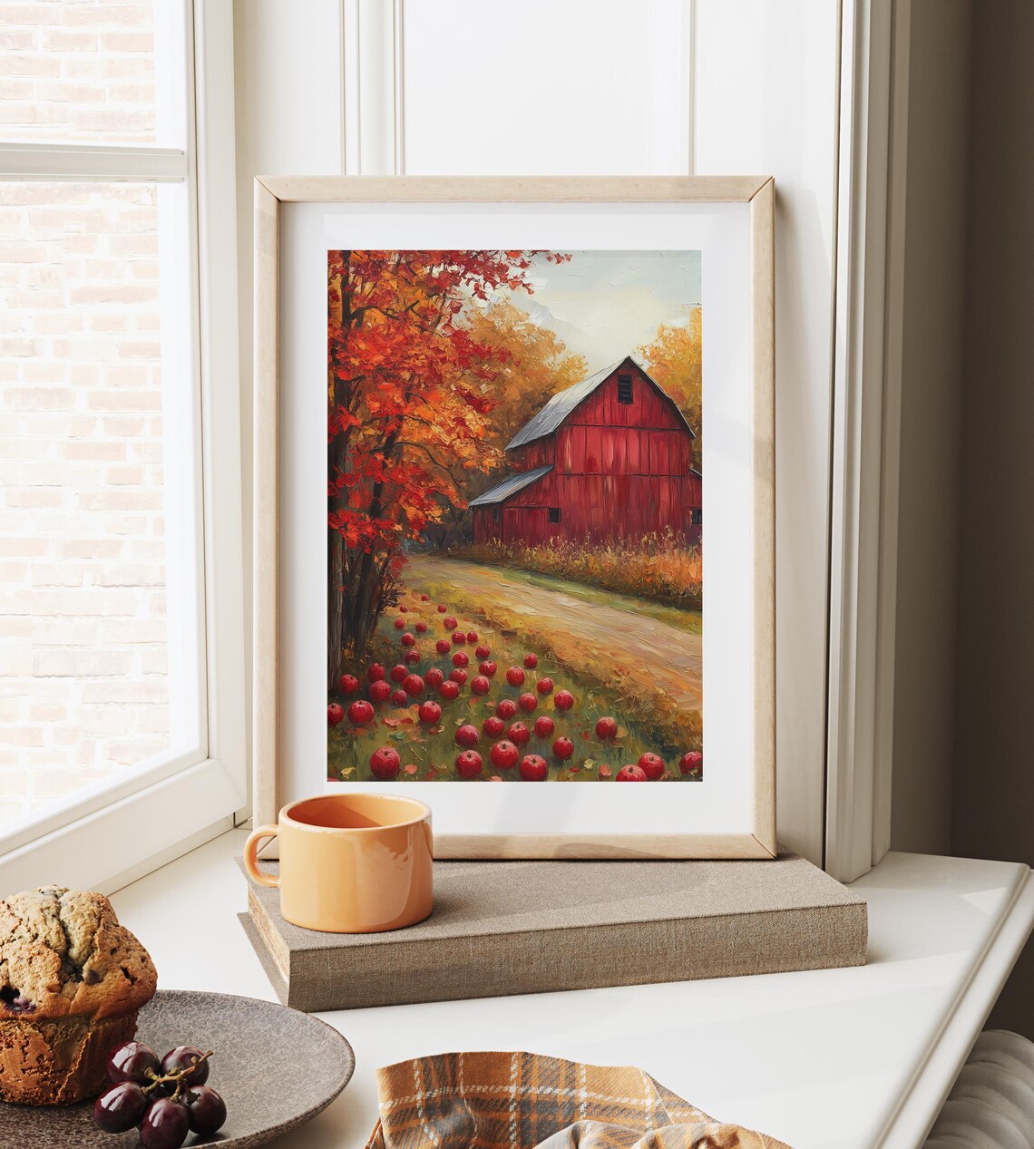 Red Barn With Fallen Apples Scattered Beneath Blazing Autumn Trees Wall Art - Image 6