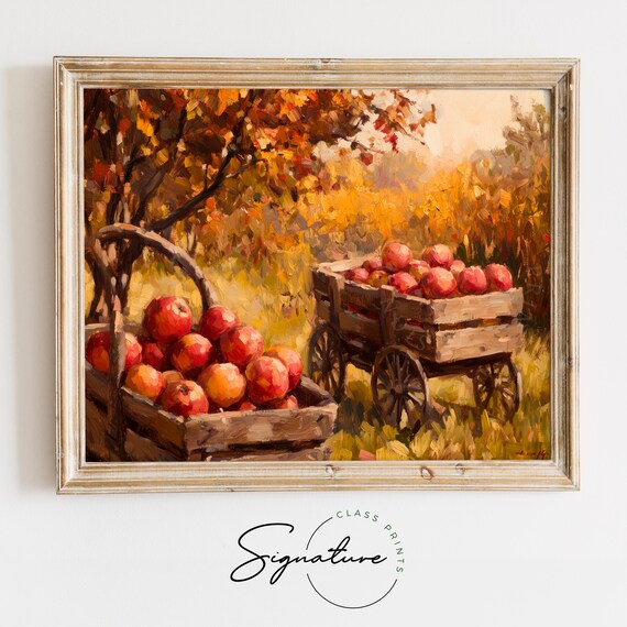 Autumn Apple Orchard Harvest Wooden Carts Impressionist Painting Poster