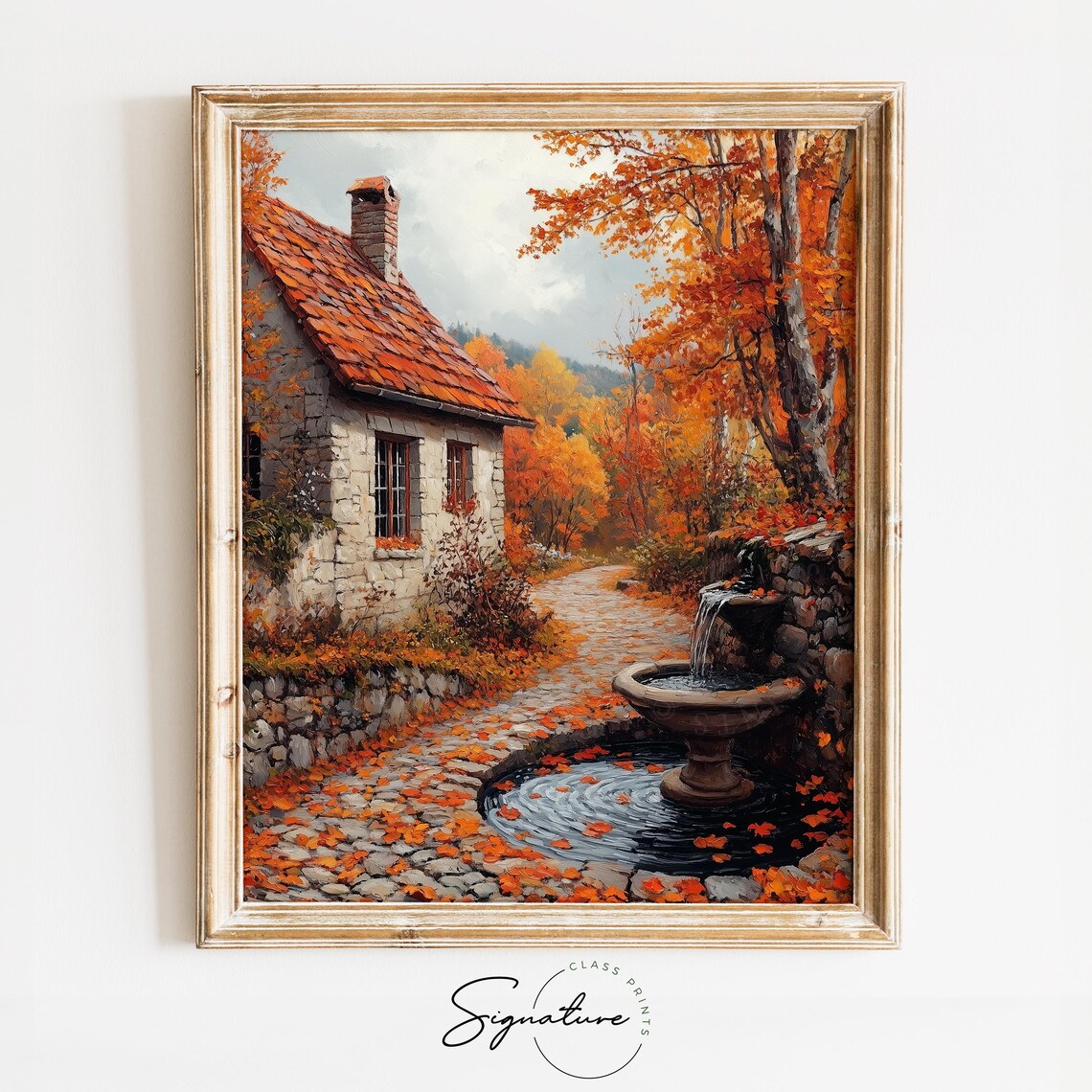Stone Cottage Red Tile Roof Fountain Autumn Leafy Lane Print