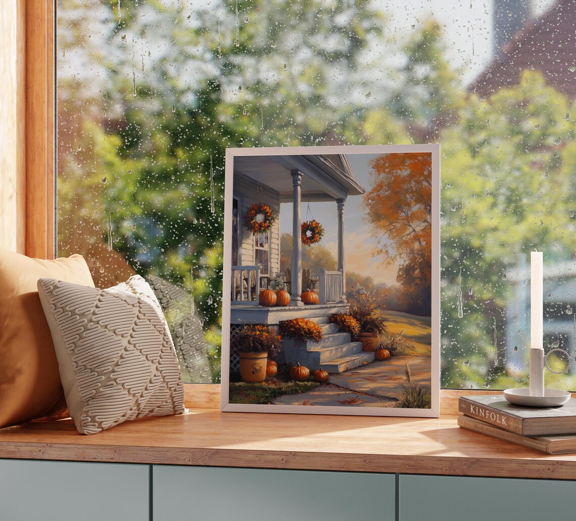 Farmhouse Porch With Pumpkins Hanging Wreaths Autumn Glow Poster - Image 2