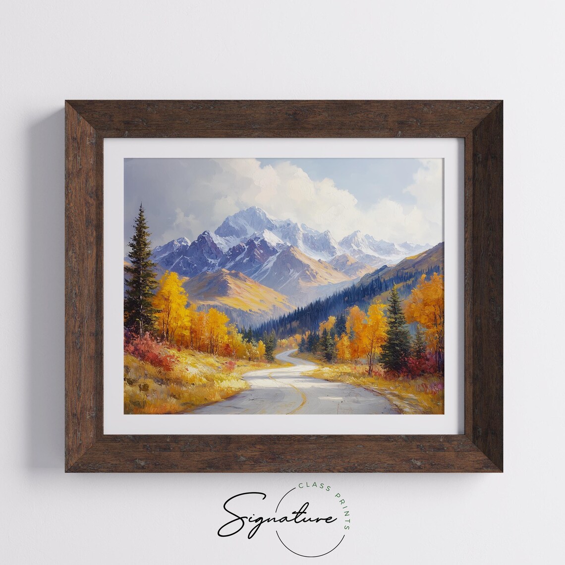 Country Road Golden Autumn Forest Snowy Peaks Oil Painting Poster - Image 5