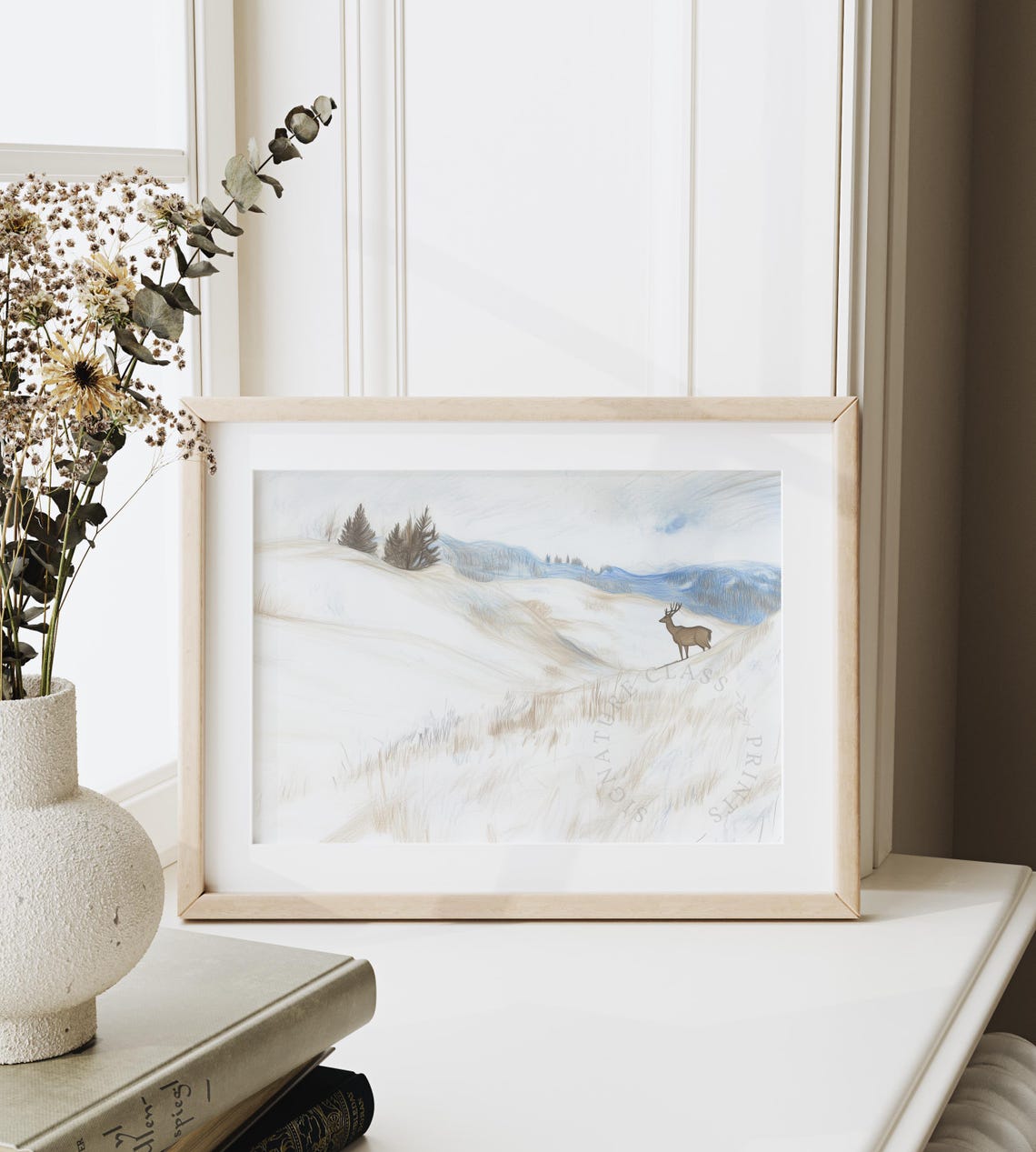 Lone Deer On A Vast Snowy Hillside Soft Winter Sketch Poster - Image 6
