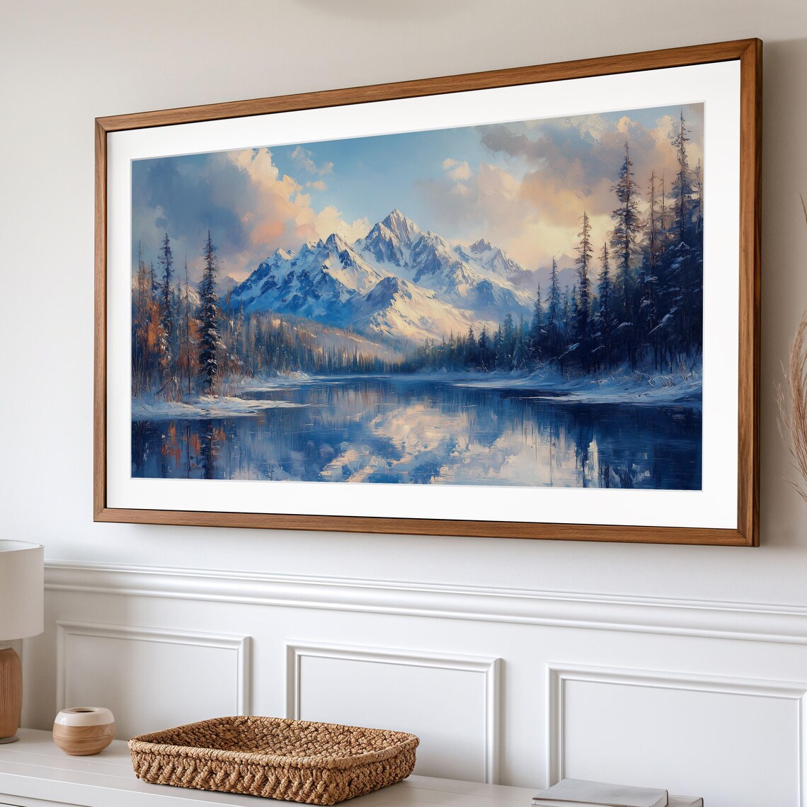 Snow Capped Peaks Over Still Mountain Lake Pine Forest Winter Art Poster - Image 2