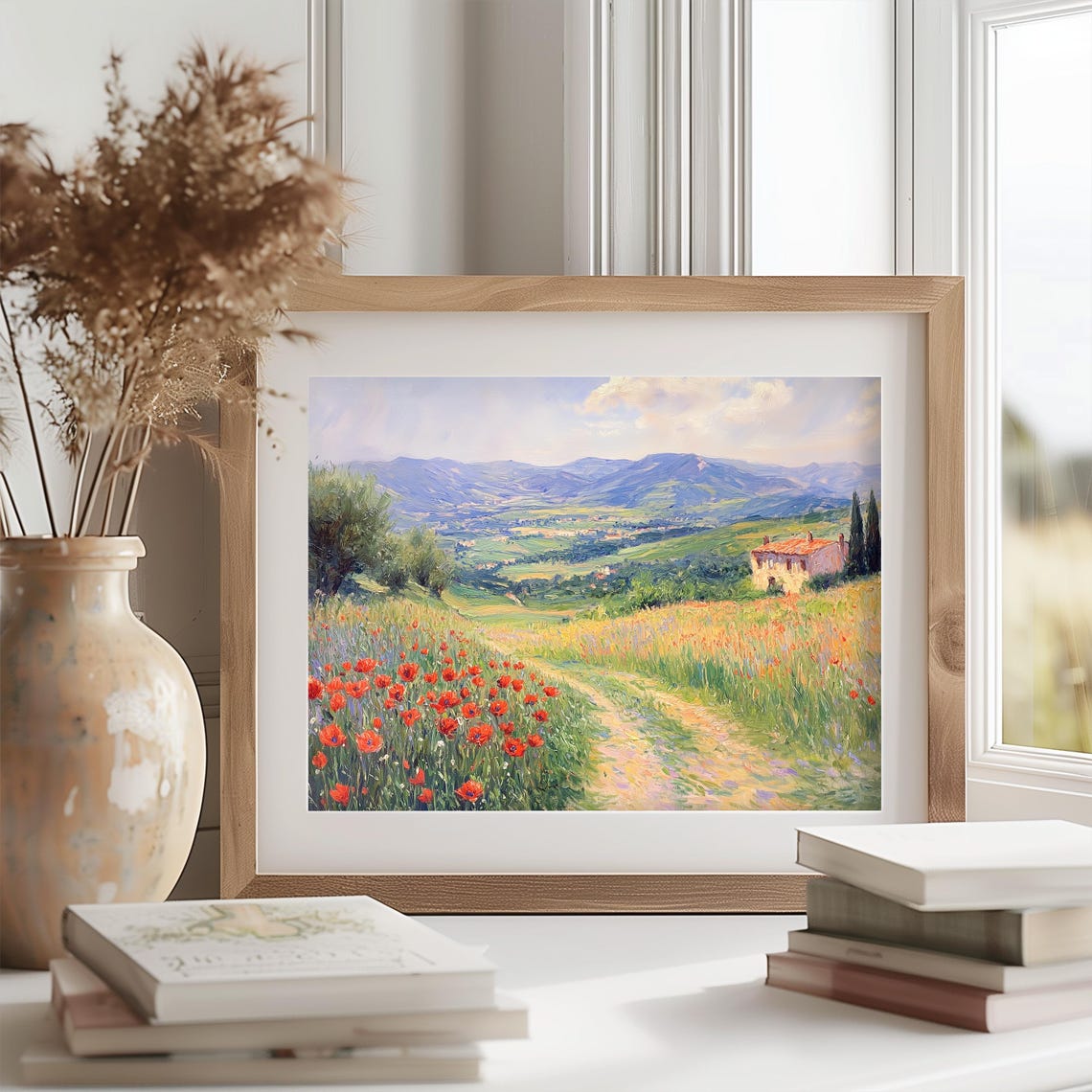 Red Poppy Path Past a Sunlit Stone Villa and Cypress Trees Poster - Image 2