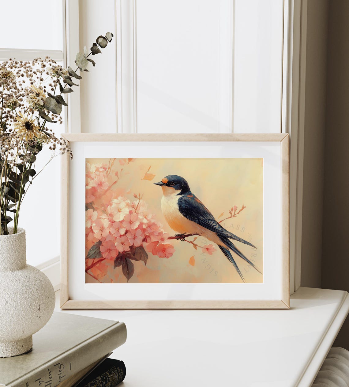 Barn Swallow On Cherry Blossom Branch Warm Peachy Tones Poster - Image 4