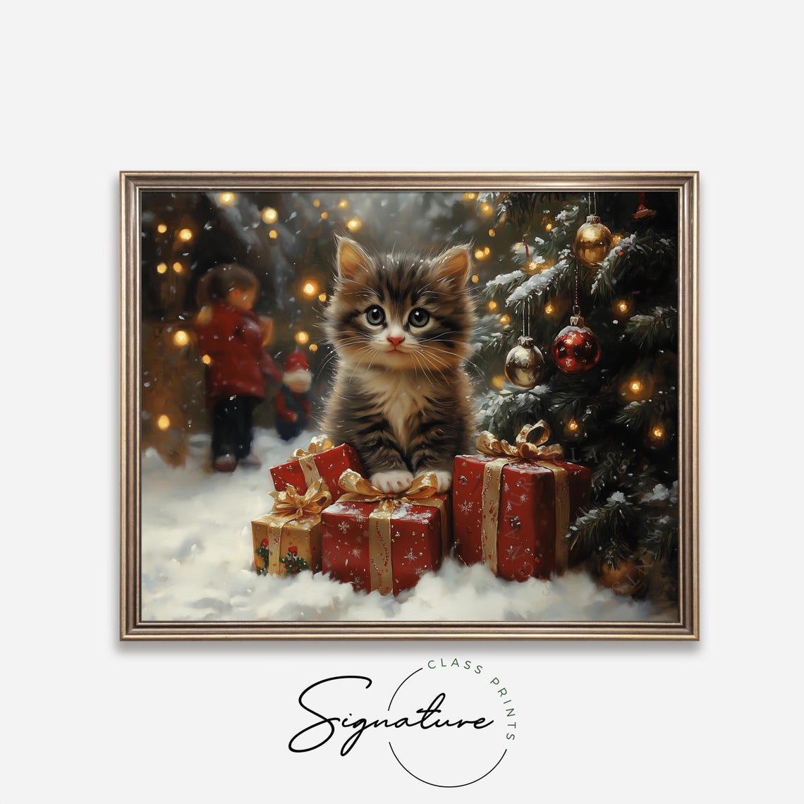 Tabby Kitten Among Red Christmas Gifts by Lit Tree at Night Poster - Image 4