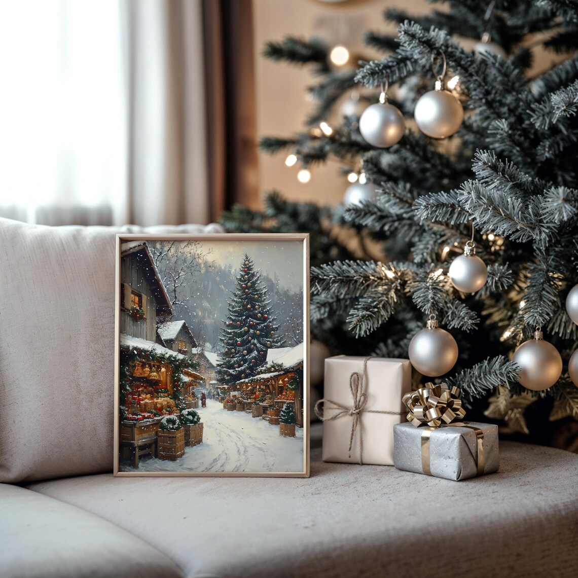 Snowy Christmas Market with Big Tree and Warm Market Stalls Poster - Image 5