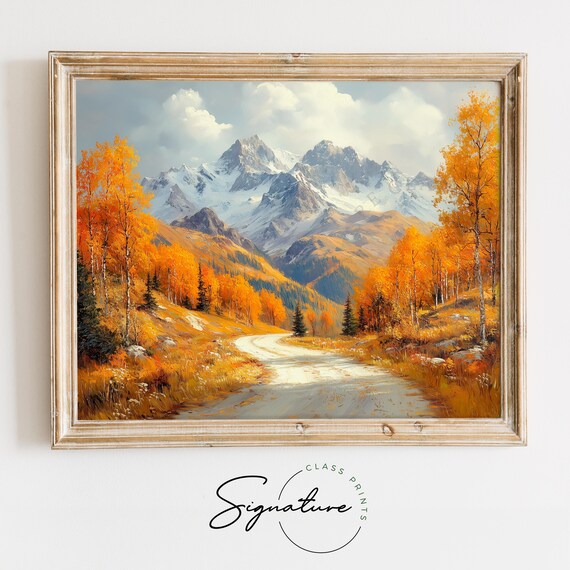 Golden Aspen Autumn Road Snowy Mountain Peaks Fall Landscape Wall Art