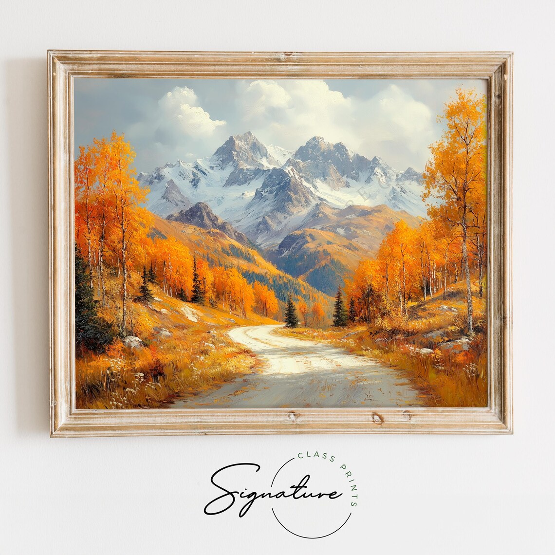 Golden Aspen Autumn Road Snowy Mountain Peaks Fall Landscape Wall Art