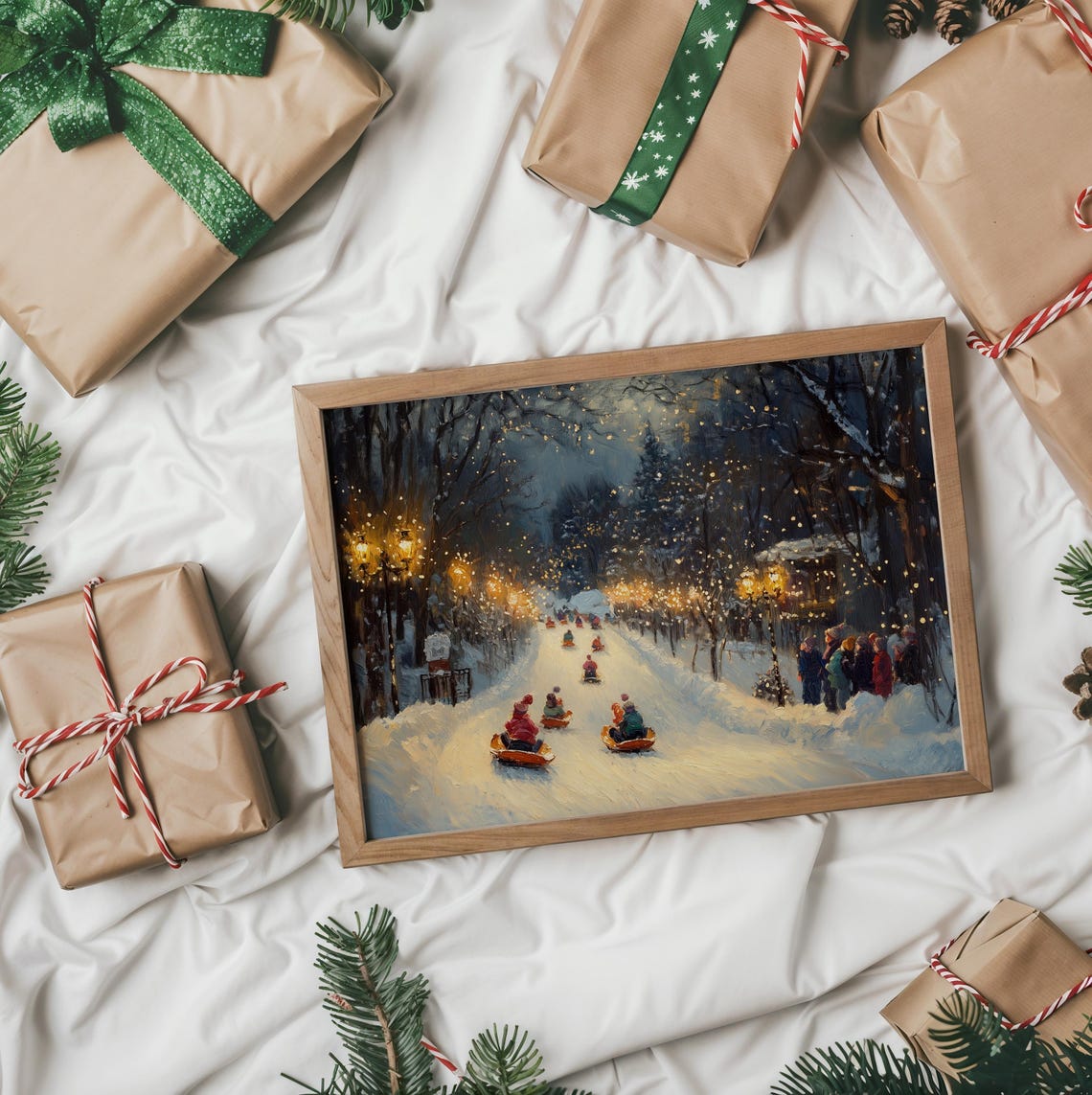 Children Sledding on Snowy Hill Winter Evening Oil Painting Print - Image 2