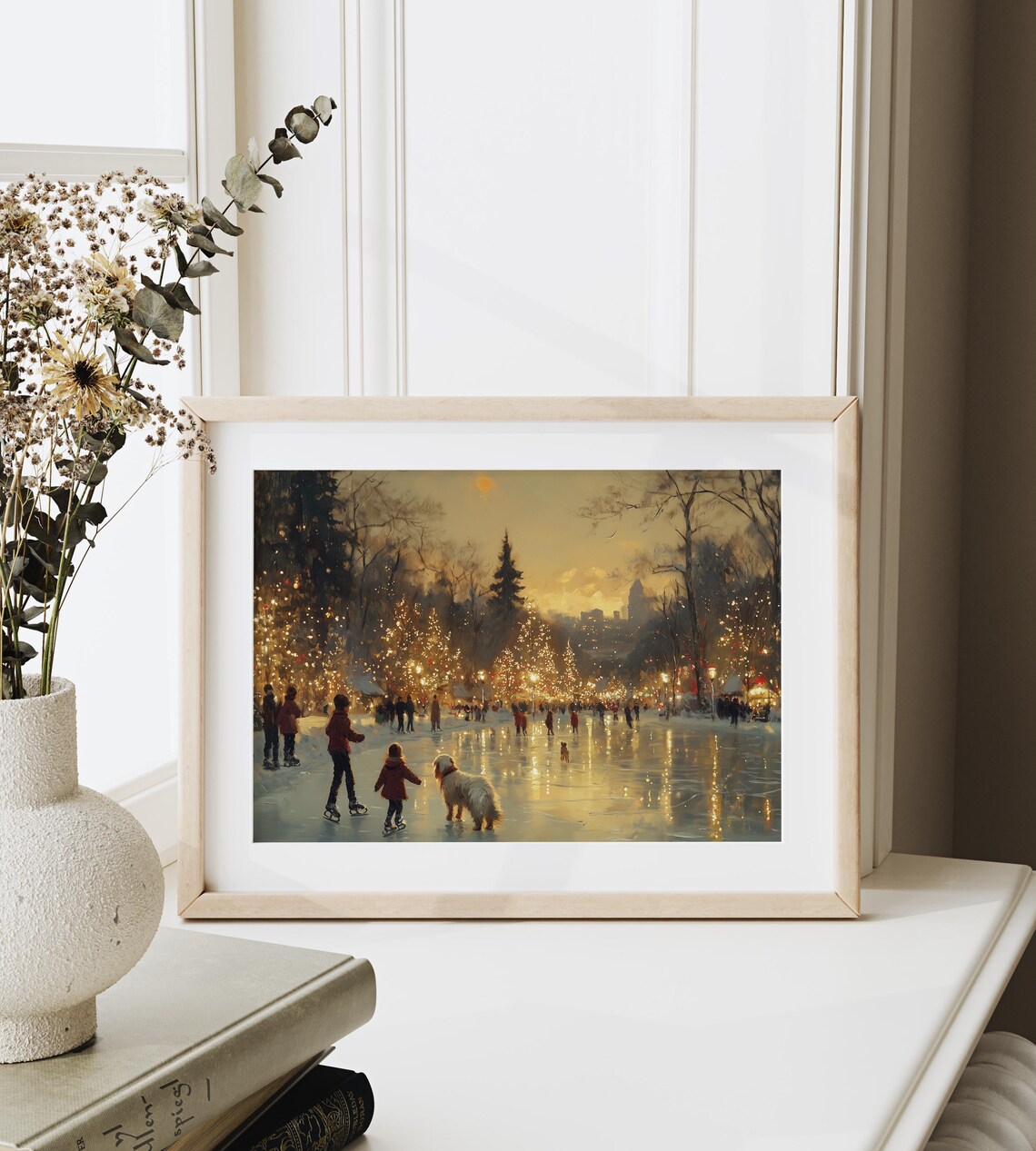 Children Ice Skating at Sunset on Outdoor Rink with Fluffy Dog Poster - Image 6