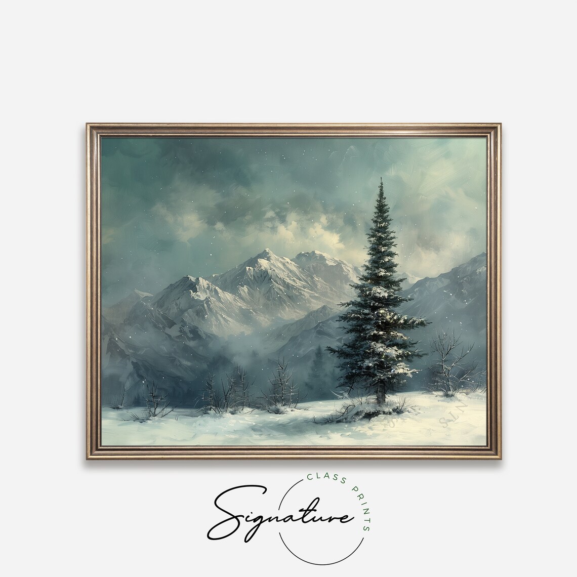 Tall Spruce Under Starlit Teal Sky Snowy Mountain Night Poster - Image 4