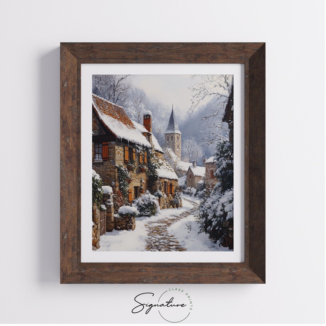 Snowy European Village Street with Church Spire Winter Poster - Image 3