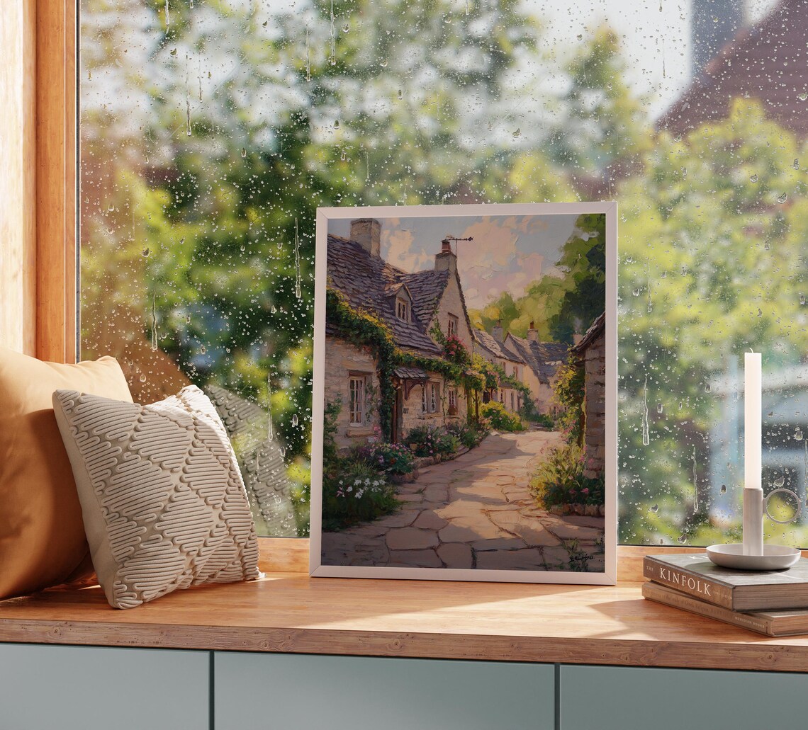 Sunlit English Village Lane Ivy Covered Stone Cottages Poster - Image 2