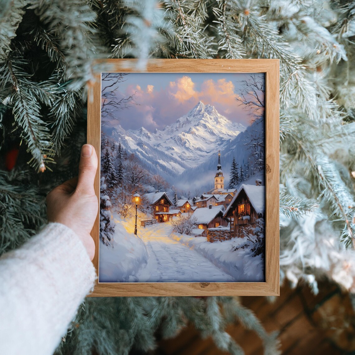 Snowy Alpine Village at Dusk with Church Spire Mountain Poster - Image 6