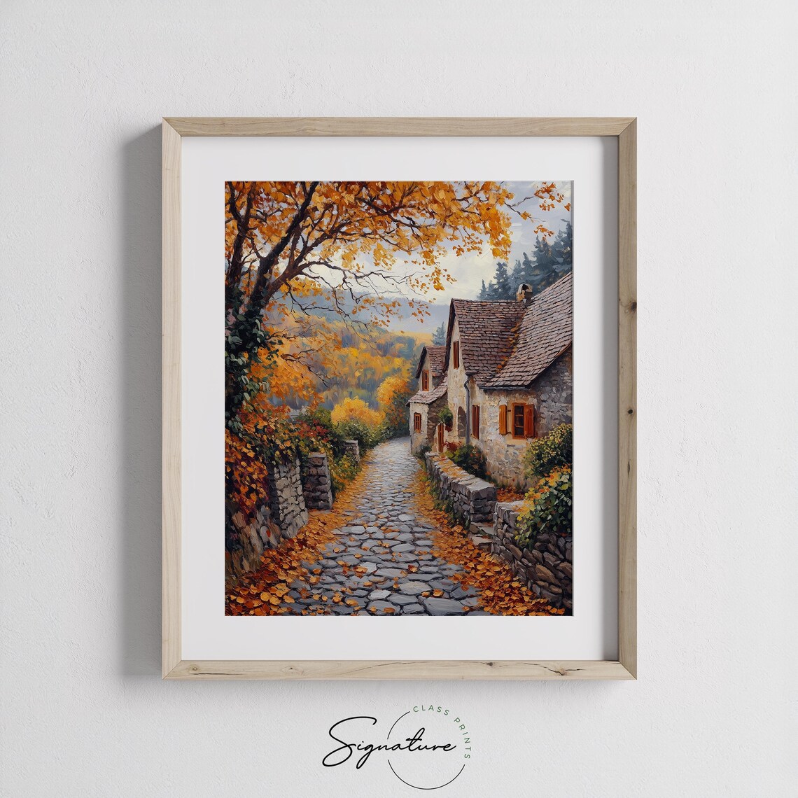 Cobblestone Village Lane, Rustic Autumn Landscape Art Print - Image 3