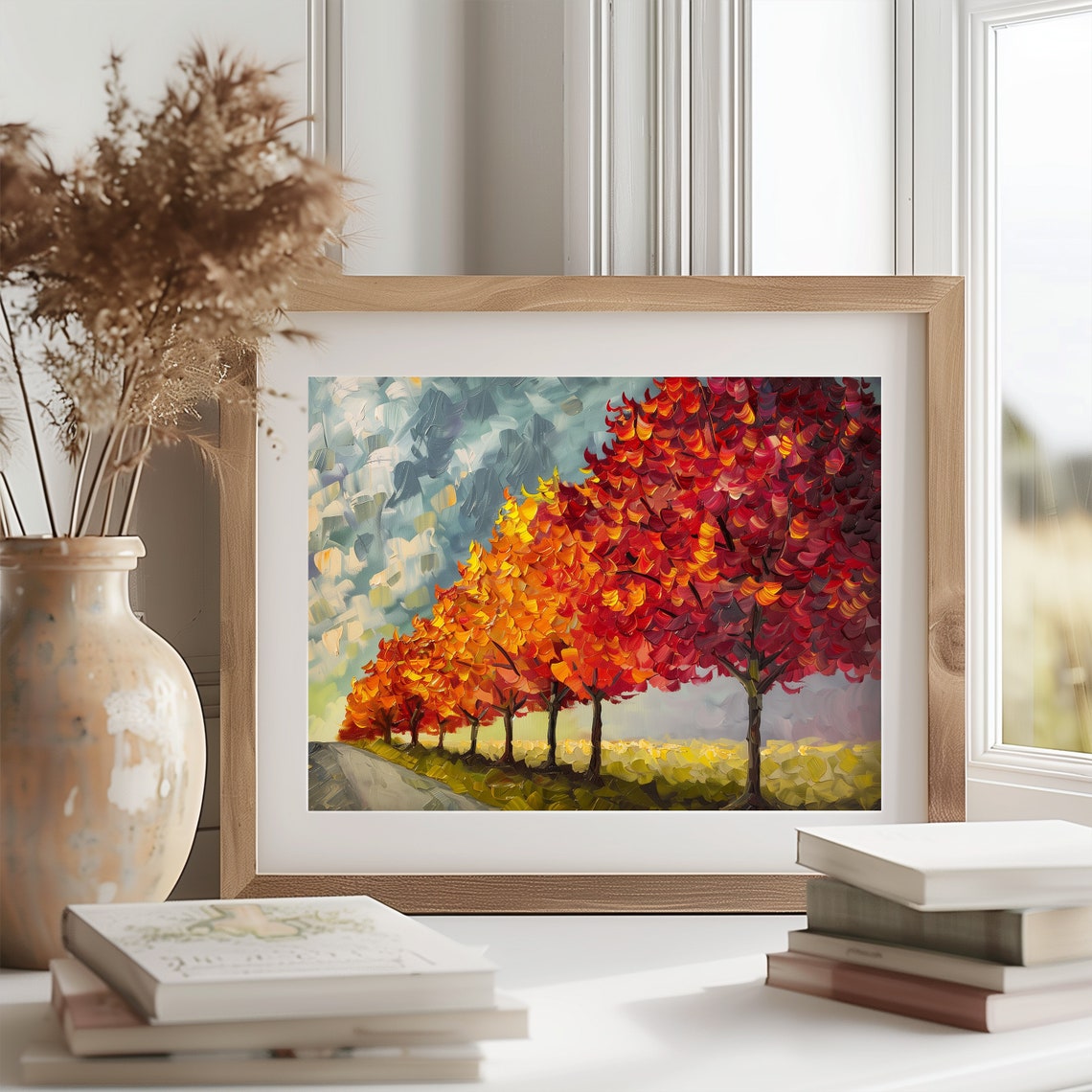 Blazing Autumn Maple Row Along Rural Road Impasto Fall Poster - Image 2