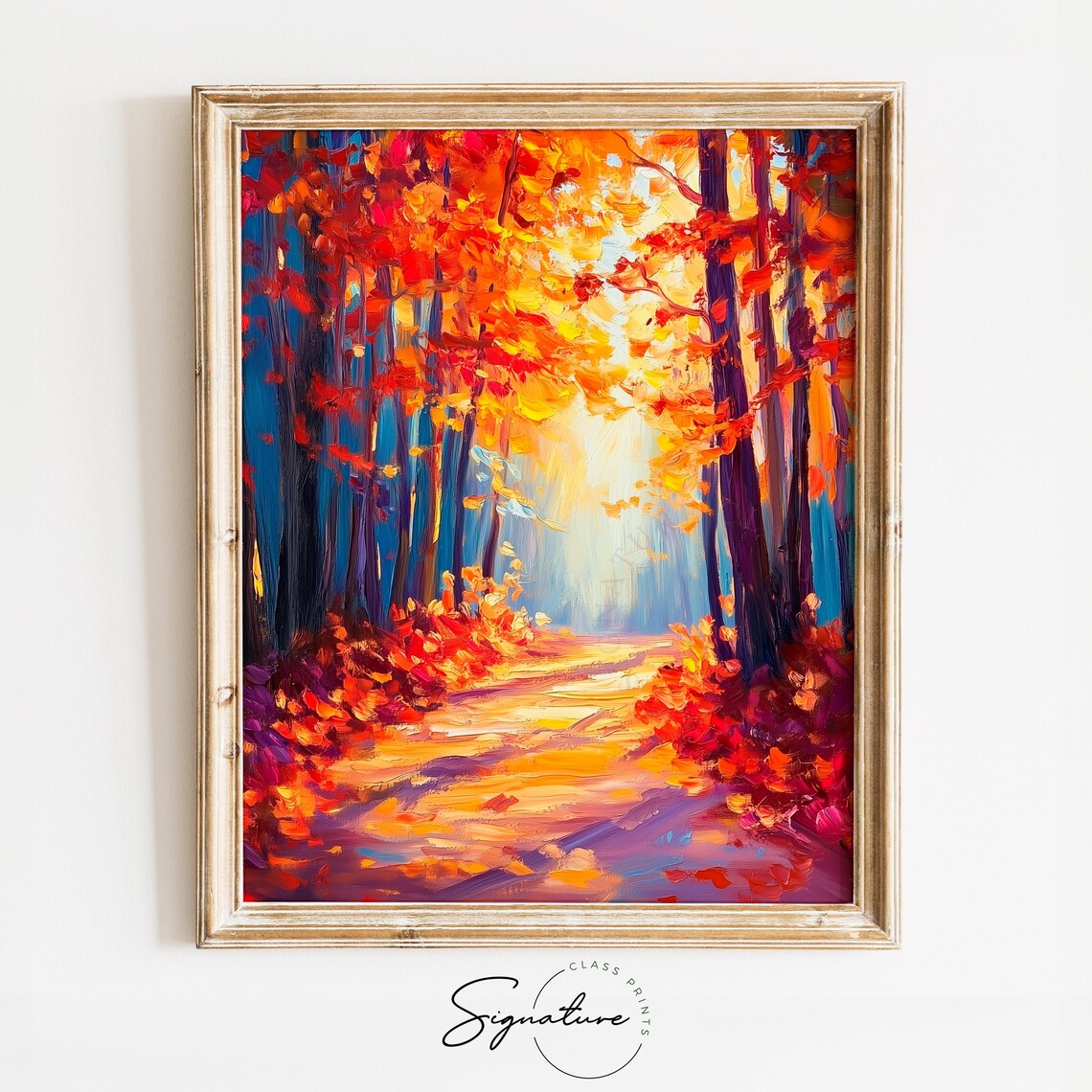 Blazing Red Autumn Forest Path with Light Breaking Through Trees Poster
