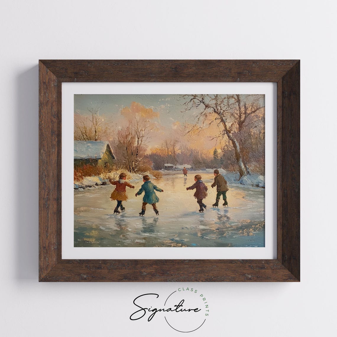 Four Children Skating On A Frozen Pond At Sunset In Winter Poster - Image 5