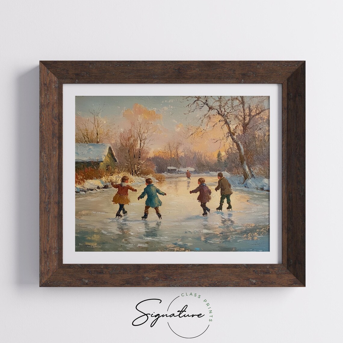 Winter Ice Skating Scene Rustic Wall Art Vintage Christmas Painting Farmhouse Holiday Decor Warm Tones Festive Country Village Art 2793 - Image 5
