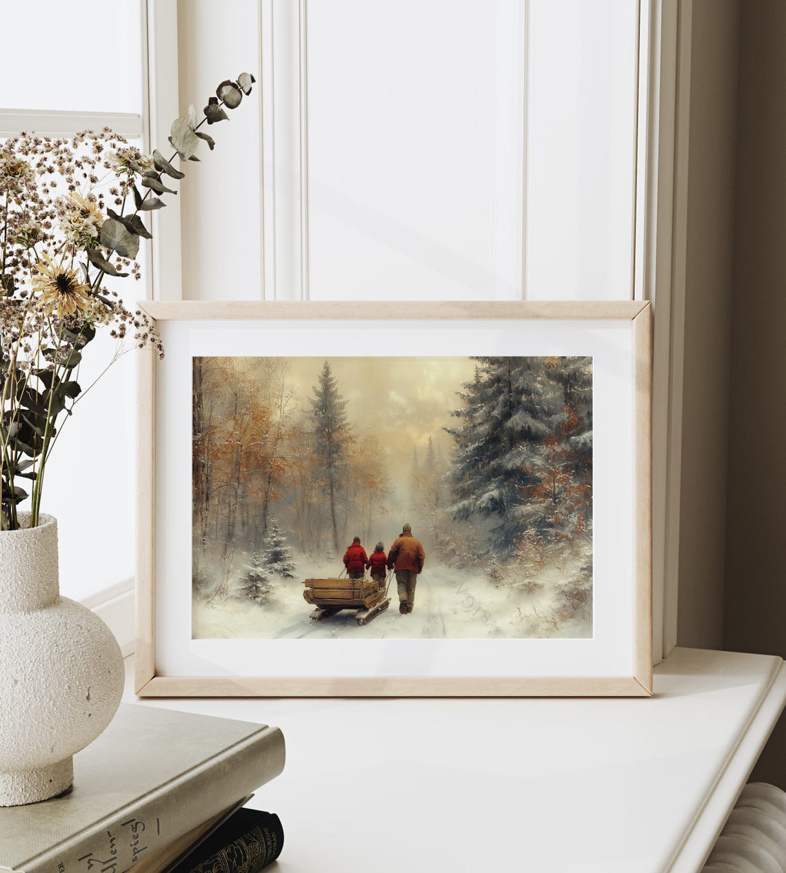 Family With Wooden Sled Walking Through Snowy Forest Winter Poster - Image 6