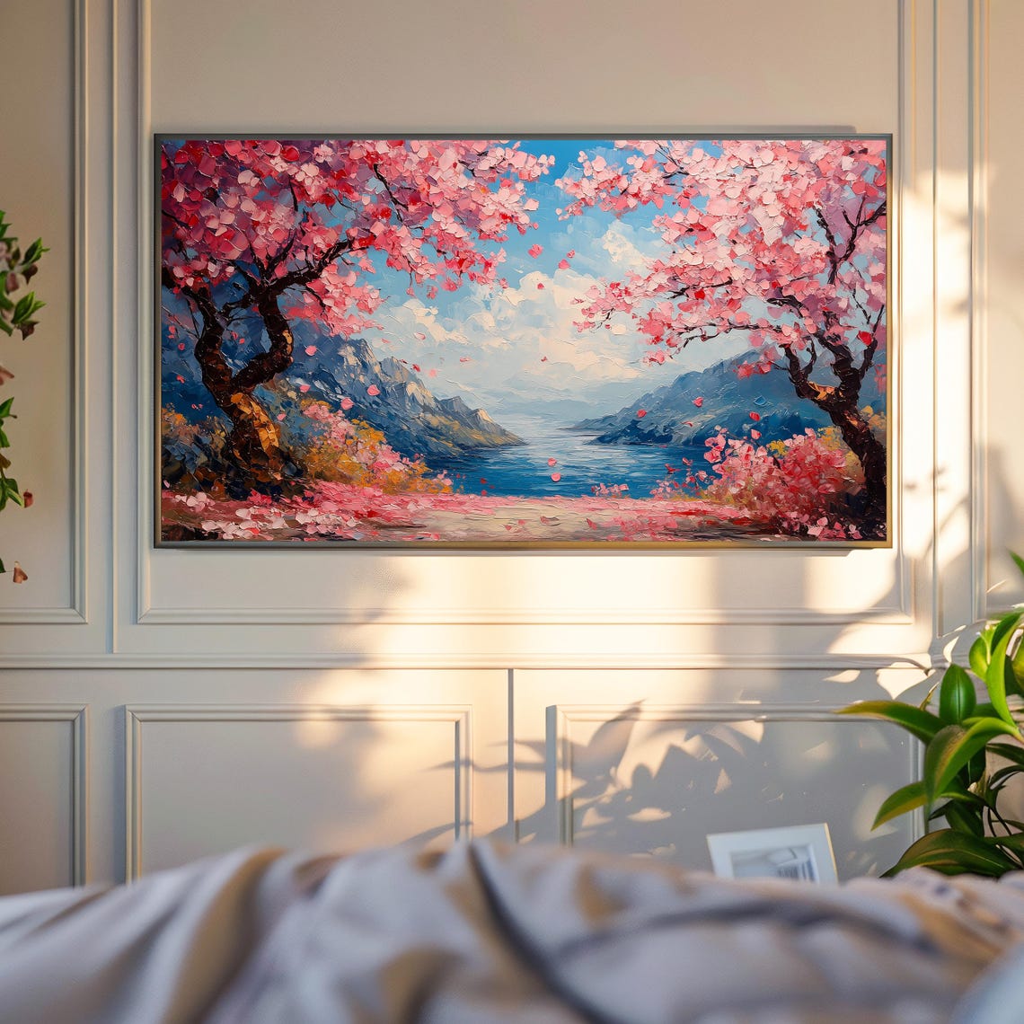 Cherry Blossom Trees Framing River Valley With Mountains Poster - Image 4