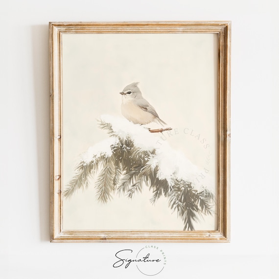 Small Tufted Gray Bird on a Snow Laden Branch Minimalist Poster