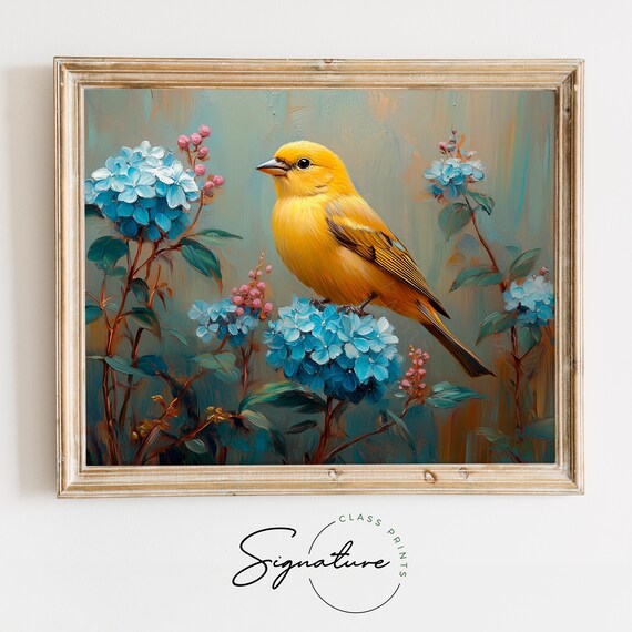 Goldfinch With Powder Blue Hydrangeas Vintage Spring Bird Wall Art