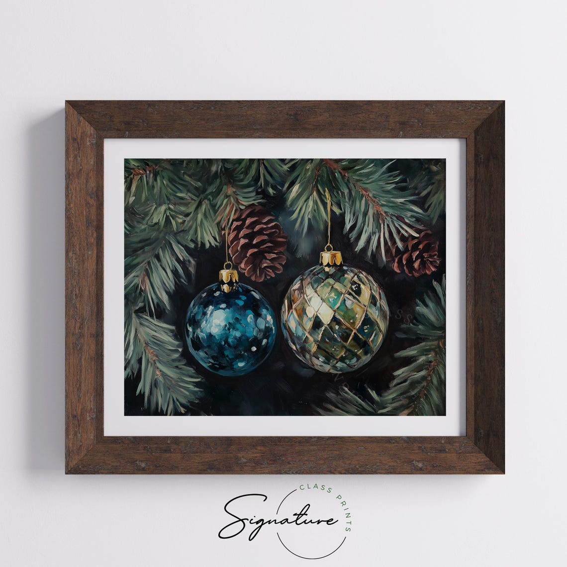 Teal Blue And Quilted Green Christmas Ornaments On Pine Poster - Image 5