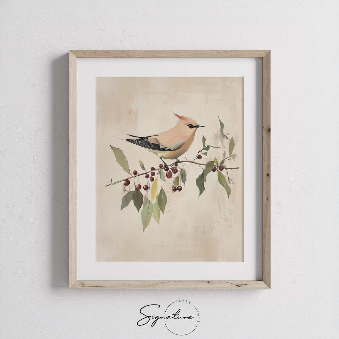 Waxwing Bird Berry Branch Cream Vintage Minimalist Bird Painting Poster - Image 3