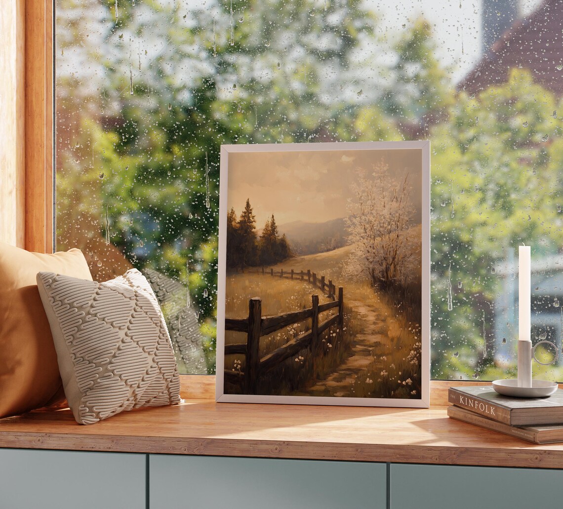 Rustic Fence On Gentle Hillside White Blossom Tree Golden Light Poster - Image 5