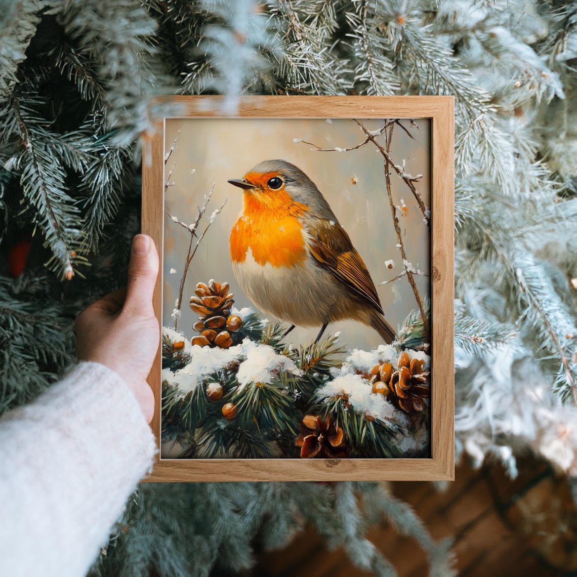 Robin on Snowy Pine Branch with Pinecones Winter Oil Painting Print - Image 6