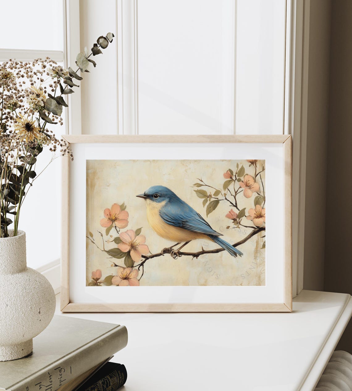 Vintage Bluebird Perched On Pink Blossom Branch Spring Cottage Poster - Image 6
